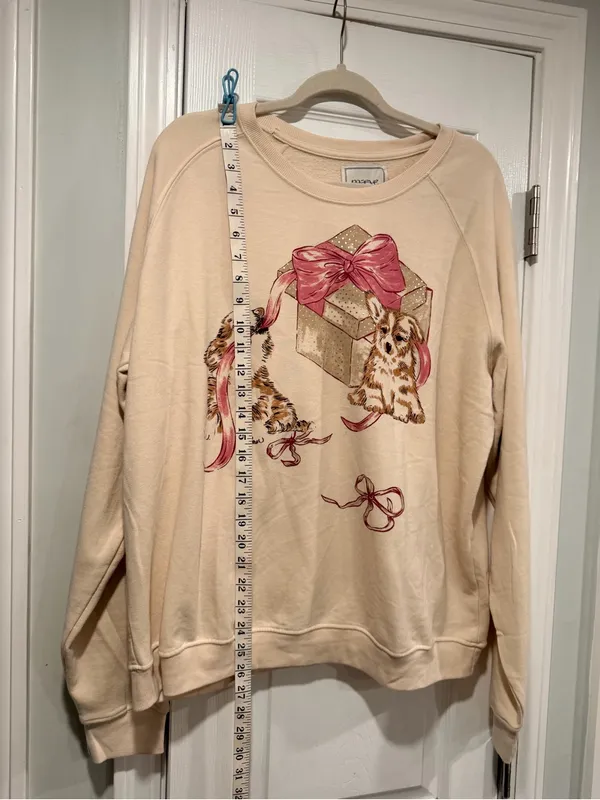 NWOT Maeve Anthropologie Size XL Dog Gift Bow Graphic Sweatshirt Beige Gold - Image 10