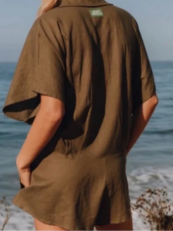 Daily Drills Linen Green Button Down Romper M/L - Image 2