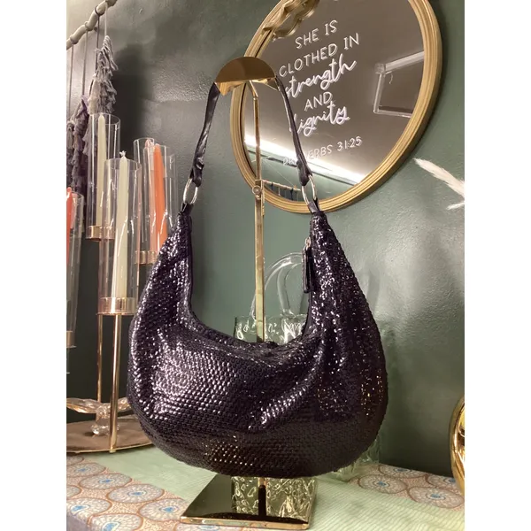 Giannini Black Sequin Hobo Shoulder Bag‎ with Scarf Accent Faux Leather Strap - Image 2