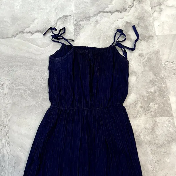 1970s True Vintage Navy Blue‎ Pleated Peasant Tank Tie Strap Dress Medium - Image 3