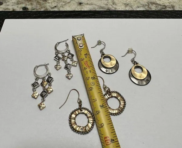 Lot Of 3 Women’s Two Tone Metal Pierced Earrings Dangle Drop - Image 5
