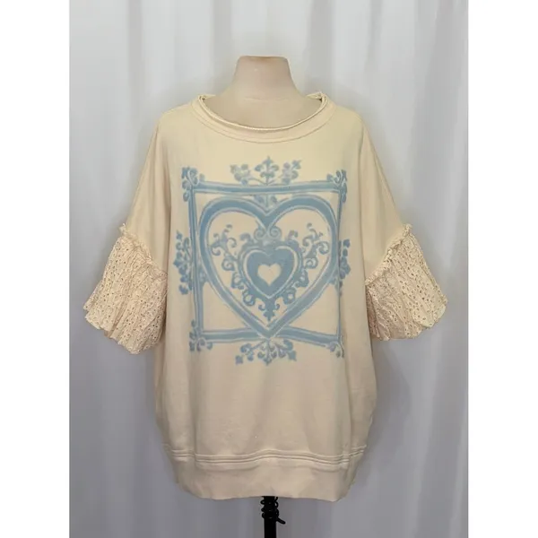 NWT!!‎ FREE PEOPLE Doily Sweatshirt Heart Ivory Blue Eyelet Lace Bohemian Small - Image 2