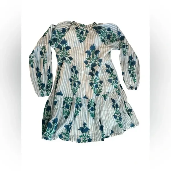 💃🏻Oliphant Blue Floral Balloon Sleeve Dress XS NWT Striped Boho‎ Resort Mini👗 - Image 5