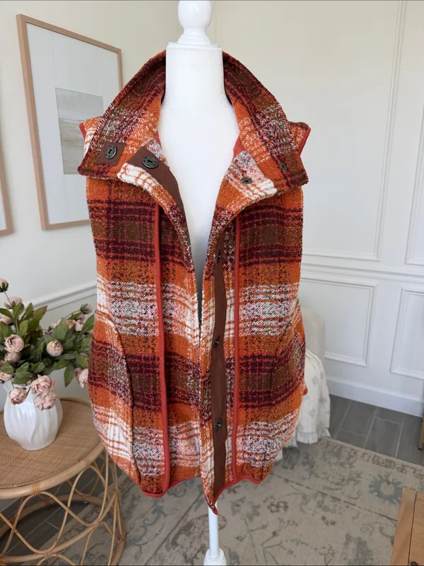Free People Wrapped Up Blanket Vest Orange Plaid Wool Blend S - Image 4
