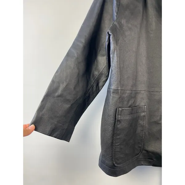 Vtg 90s Bagatelle Black Leather Blazer Jacket Womens 12P Petite 3-Button Coat - Image 2