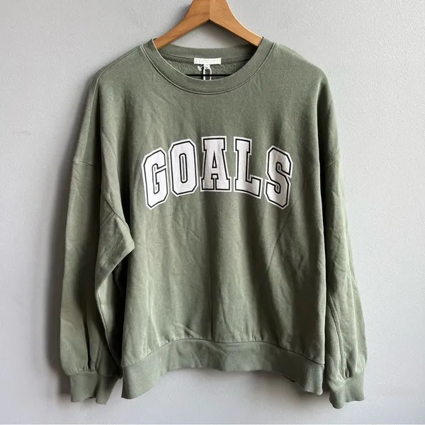 Z Supply NWT Olive Green 'GOALS' Oversized Crewneck Sweatshirt Size Medium - Image 4