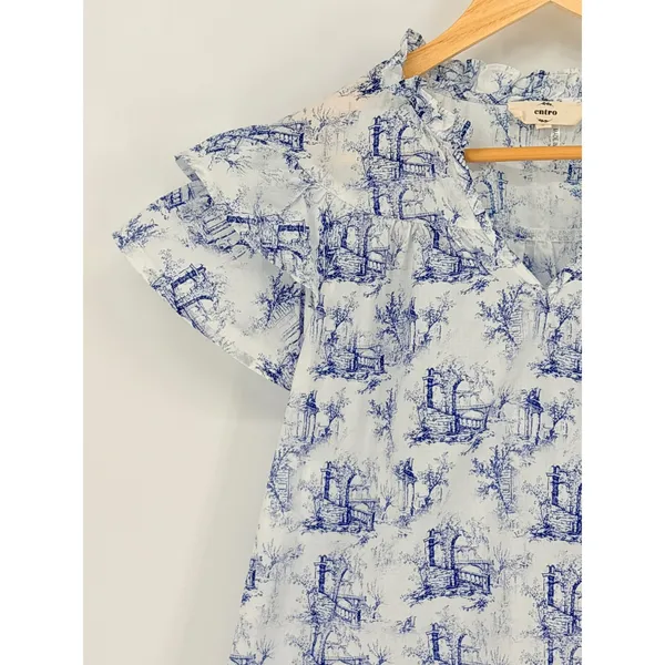 Entro Toile Flutter‎ Sleeve Blouse Womens Small White Blue Flutter Sleeve Ruffle - Image 5