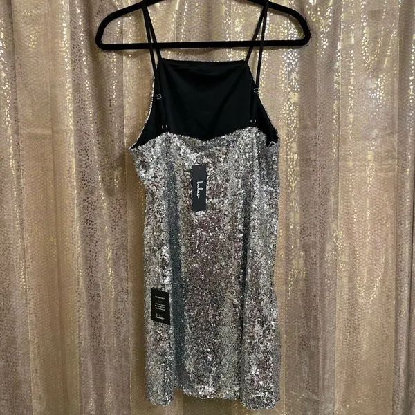 Lulus Silver Sequin High Neck Casmar Mini Dress, Large NWT - Image 2