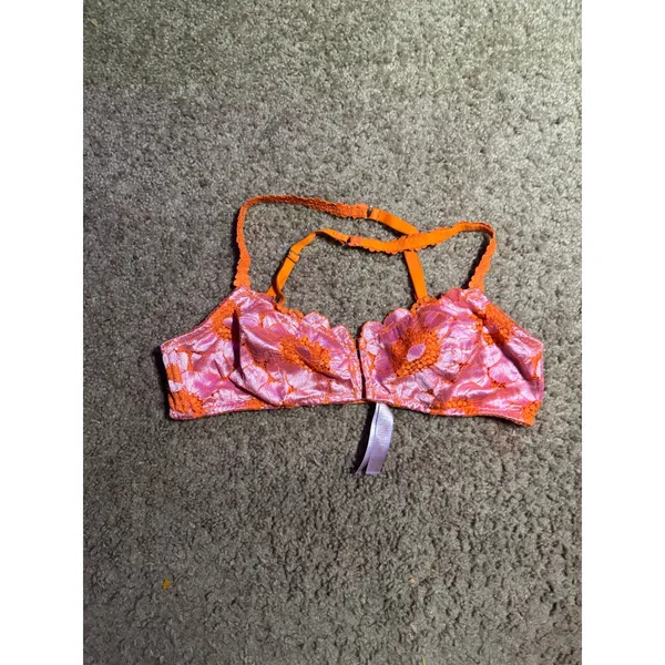 Savage X Fenty Orange Pink Floral‎ Lace Unlined Front Closure Bralette Size L - Image 2