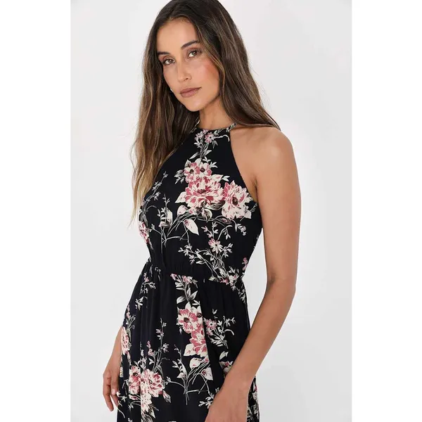 Lulus Feel the Music Midnight Blue Floral Print Halter Maxi Dress NWOT S - Image 2