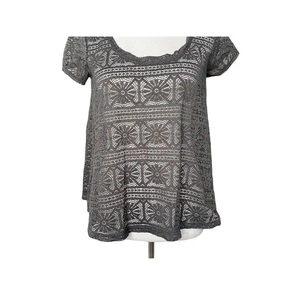 American Eagle Crochet Sheer See Though Top Size S Gray BOHO Lace Short Sleeve - Image 5