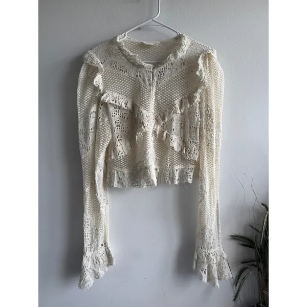 Anthropologie Ivory Lace Ruffle Cropped Cardigan Top Womens Size L‎ Eyelet Boho - Image 3