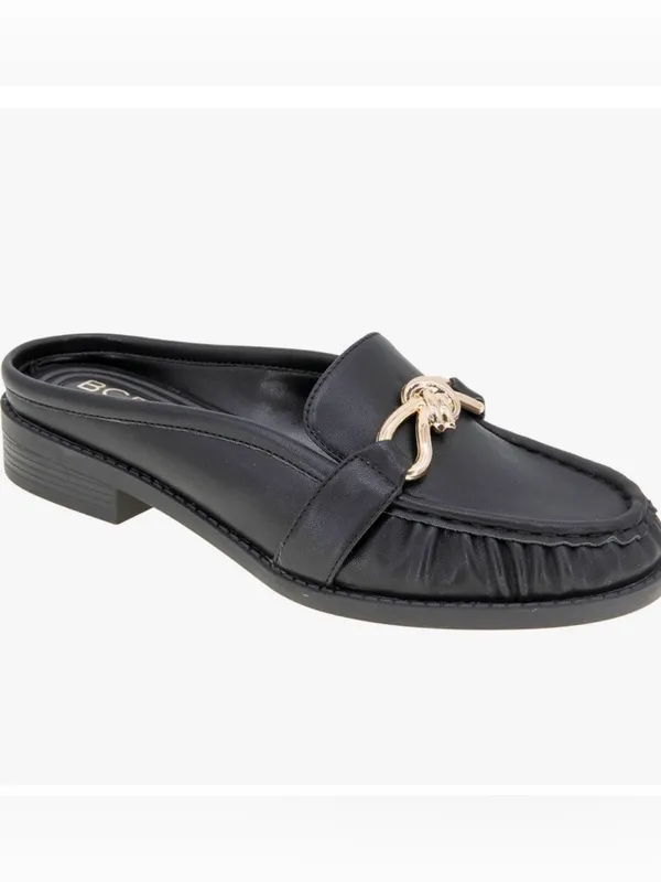 BCBG Black Leather Mules with Gold Knot Detail - Image 2