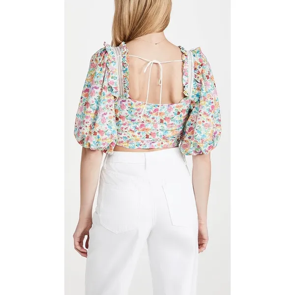 For Love & Lemons Floral Claude Puff Sleeve Crop Top Pink Blue Size Large - Image 3
