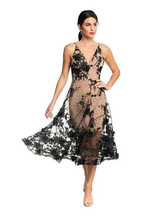 DRESS THE POPULATION Audrey Embroidered Fit & Flare Dress Black/Nude Size Small - Image 10