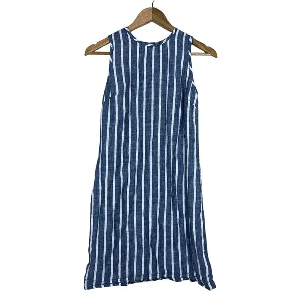 St. Tropez West Striped Linen Shift Dress Blue White Coastal Sleeveless Size 2 - Image 2