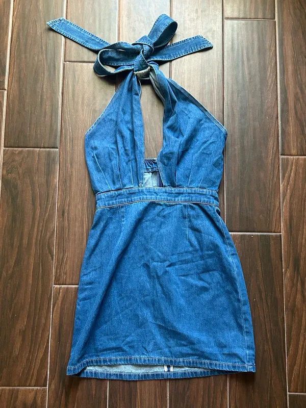 Commence Cross-Front Halter Neck Denim Mini Dress size XS NEW - Image 3