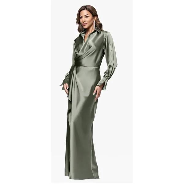 Xscape "EMERY" SATIN LONG SLEEVE COLLARED DRESS Size 8 Green - Image 2