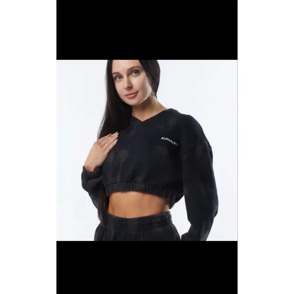 Alphalete v neck pullover cropped hoodie size M black tie dye - Image 2