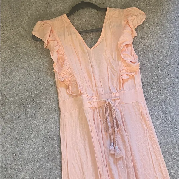 Lovestitch ruffled slit smocked maxi dress tassels new small peach pink rayon - Image 7