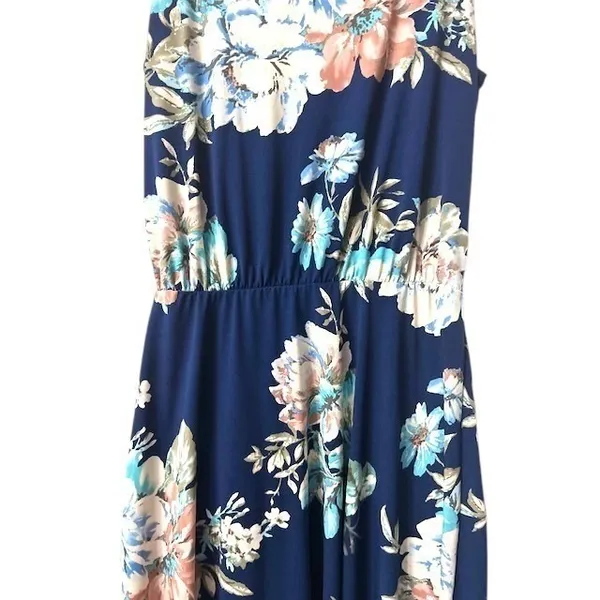 Floral Print Dress S Navy Blue Elastic Waist Stretchy Coquette Cottagecore Beach - Image 8