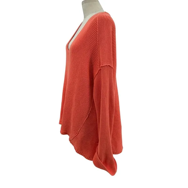 Free People La Brea Sweater V-Neck Ribbed Cuffed‎ Sleeve Coral Orange Size Large - Image 7