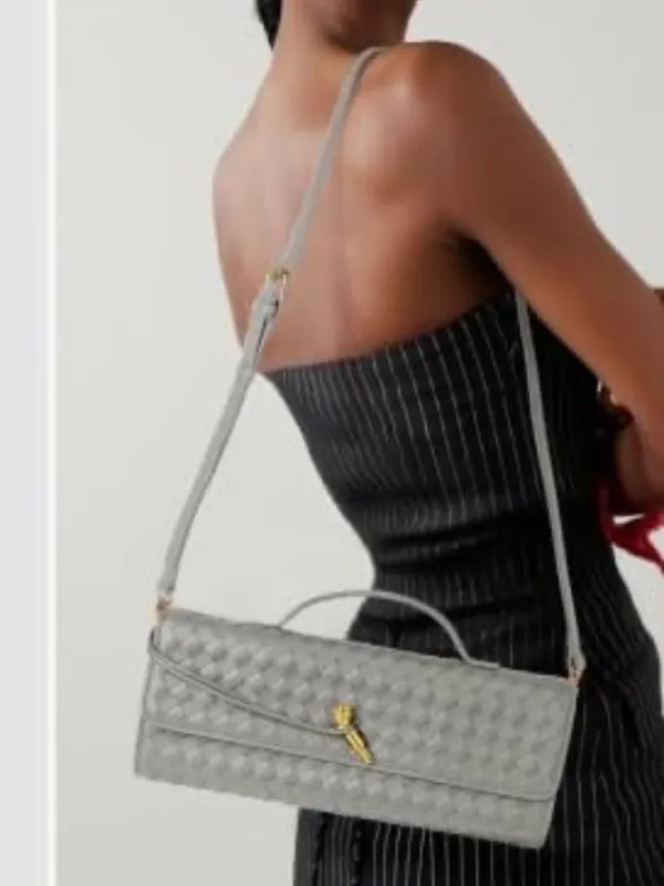Woven Leather Top-Handle Clutch in Light Gray - Image 5