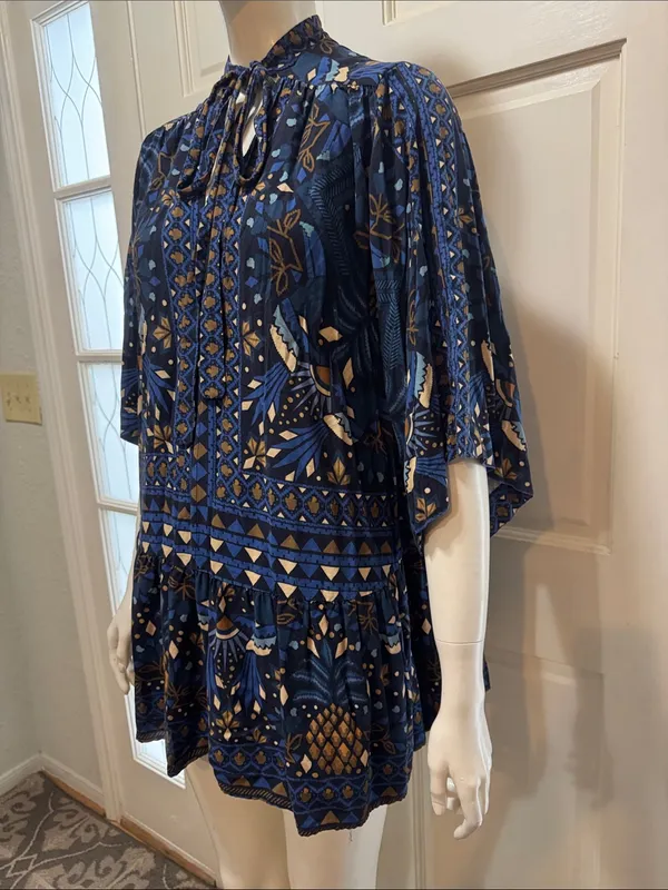 Farm Rio Tropical Magic Blue Patterned Tie-Neck Women’s Dress Size Medium - Image 8