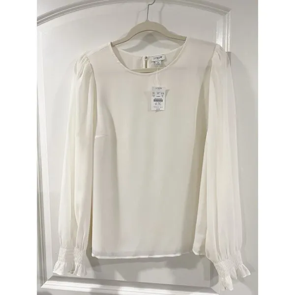 NWT J.Crew Factory Ivory Smocked Cuff Blouse Medium Puff Sleeve Work Office Top - Image 4