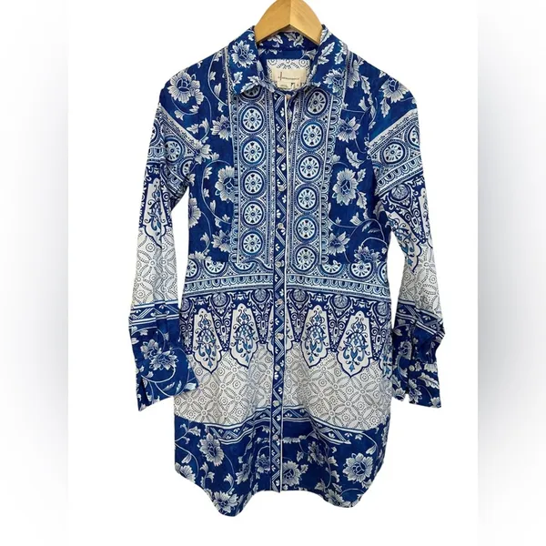 Anthropologie printed‎ v-neck buttonfront shirtdress blue white size XS NEW - Image 2