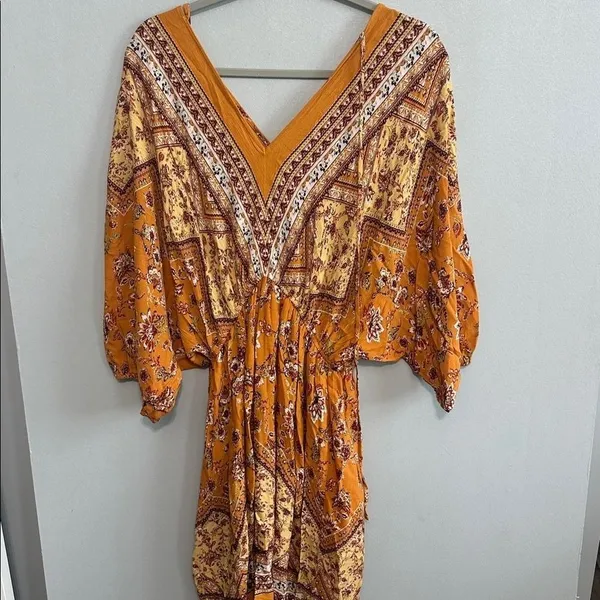 Andree by Unit Womens Dress Mustard Yellow Floral Boho V-Neck Large - Image 4
