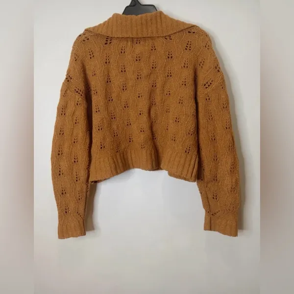 Pink Rose Camel Brown Open Knit Collared Cropped Sweater -‎ Size M - Image 3