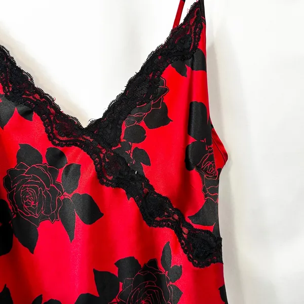 Satin Gown Medium Nightgown Slip Nightie Babydoll Red Black Rose Lace Trim‎ 1810 - Image 6