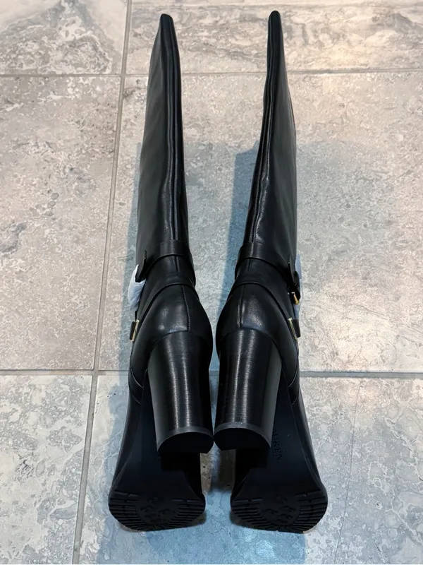 Lauren Ralph Lauren Collins Black Burnished Leather Tall Boot Heel, Size 11, NEW - Image 4