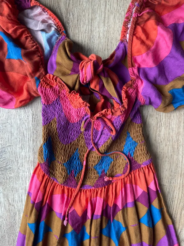 Olivaceous Retro Puff Sleeve Tie Front Smocked Midi Dress Multicolor Size M - Image 3