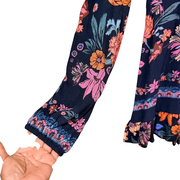 Free People Floral V-Neck Ruffle Mini Dress Tunic Navy Blue Pink Orange OB583849 - Image 4