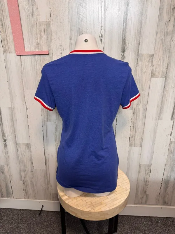 Majestic Chicago Cubs Metallic Foil V-Neck Ringer T-Shirt Womens Large Blue - Image 4