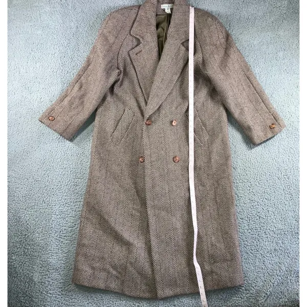 Vintage Herringbone Double Breasted‎ Full Length 100% Wool OverCoat Women 10 - Image 4