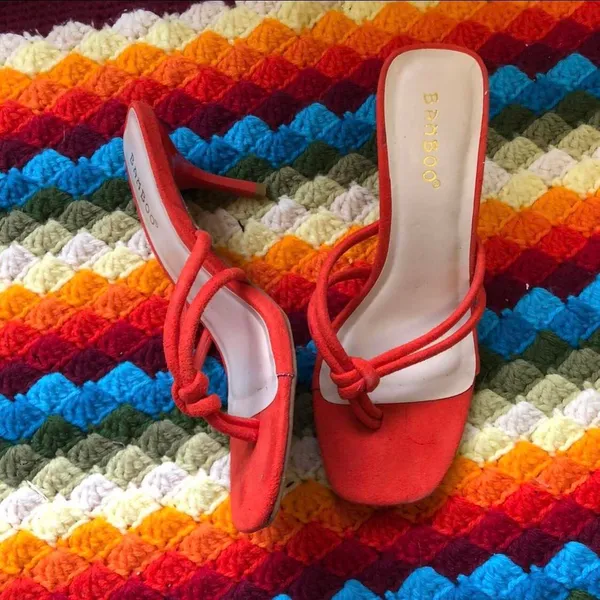 Bamboo Y2K 2000s Orange thong slip on kitten heels sandals pumps with a cute knot detail square toe - Image 2