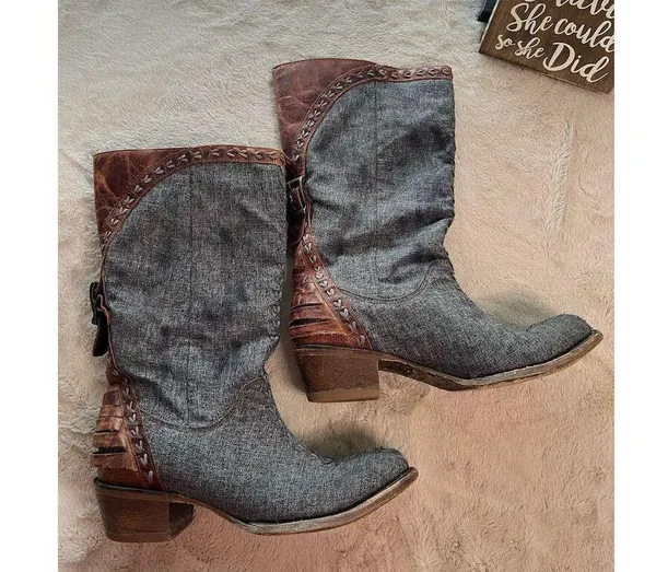 Lane Women's Western Boots Size 8 Gray Mid-Calf Block Heel Pointed Toe - Image 8