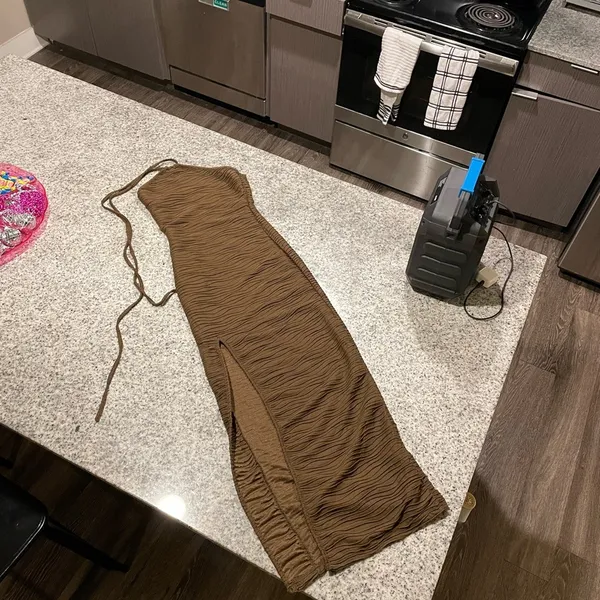Brown bodycon form fitting swirl raised pattern Halter maxi Dress with slit - Image 3