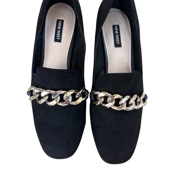 Nine West Black Block Heel Loafers Gold Chain Accent Women’s Dress Shoes Classic - Image 2