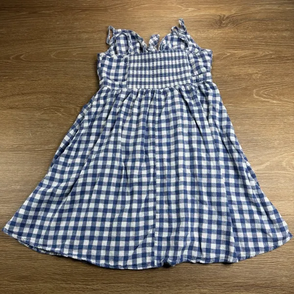 Old Navy Fit Flare Dress Women S Blue Gingham Linen Blend Tie Front Mini Coastal - Image 12