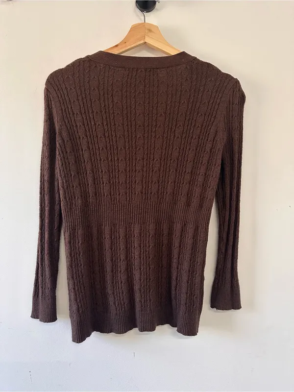 BCBG Chocolate Brown Cable Knit V-Neck Cardigan Medium Quiet Luxury Minimalist - Image 2