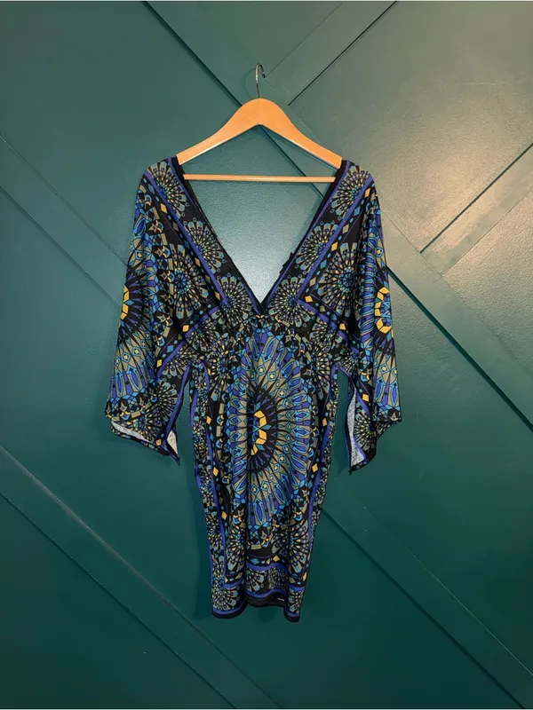 Boho Blue Geometric Mini Dress | V-Neck Bell Sleeve Bodycon Festival Resort - Image 2