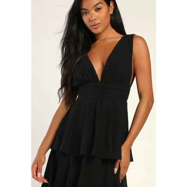Lulus Amazing Evening Black Tiered Maxi Dress Bridesmaid Wedding Banquet Small - Image 4
