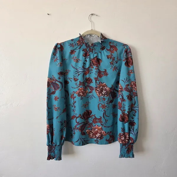 SheIn Blue Floral Blouse Top Smocked Ruched High Neck Boho Indie Gypsy Modest Medium - Image 2
