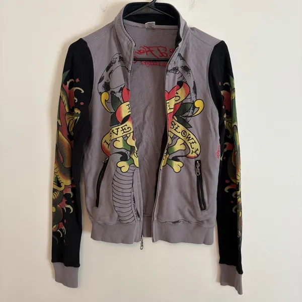VTG 2000s Ed Hardy by Christian Audigier All Over Print Zip-Up‎ Jacket Womens XS - Image 2
