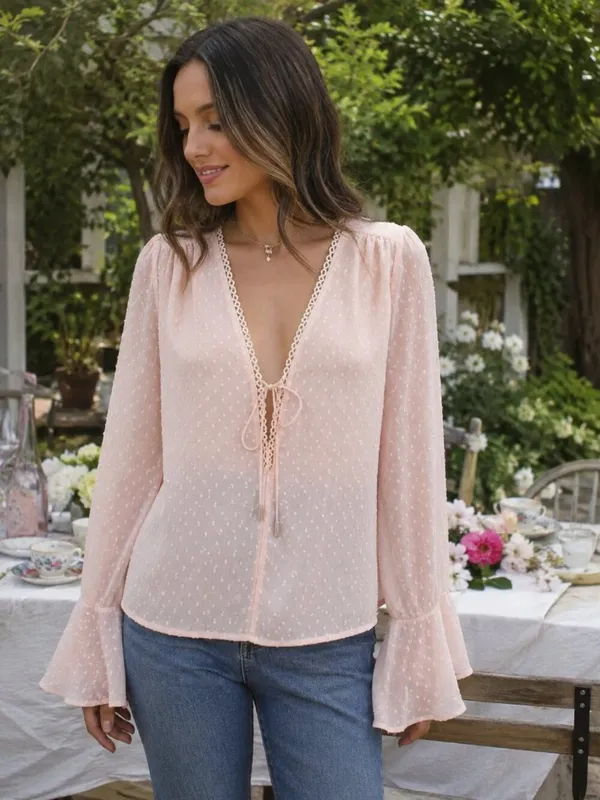 Lucy Paris Blouse S NWT Swiss Polka Dot Sheer Pink Romantic Coquette - Image 6