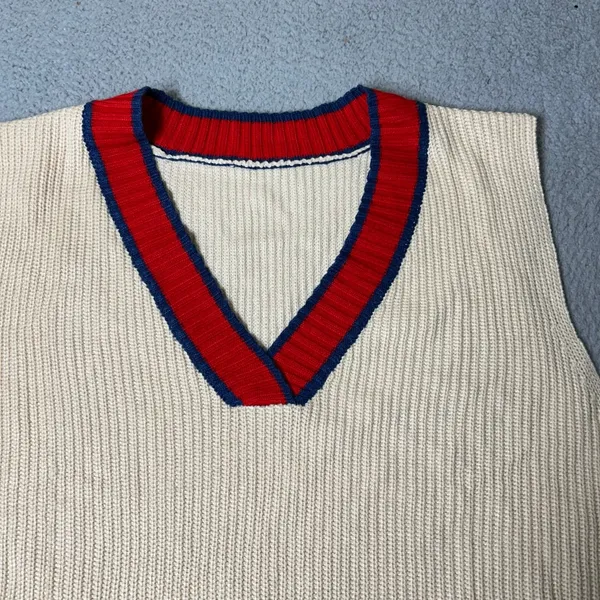 Womens Vest XL Tan Red Sleeveless V Neck Pullover Tiered Knitted‎ Vest - Image 2